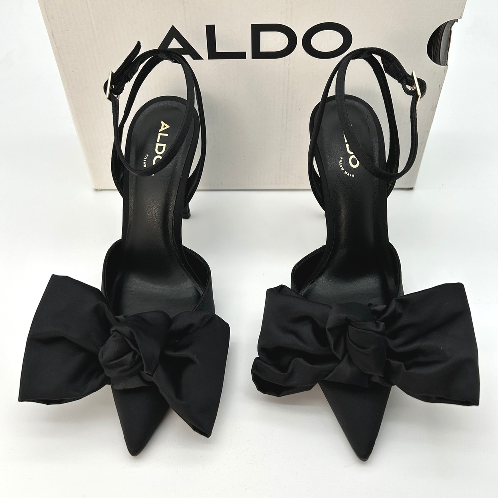 ALDO Nikky Strappy Stiletto Heels Womens Sz. 6.5 Black Satin Pointed Toe Bow NEW - Picture 3 of 7